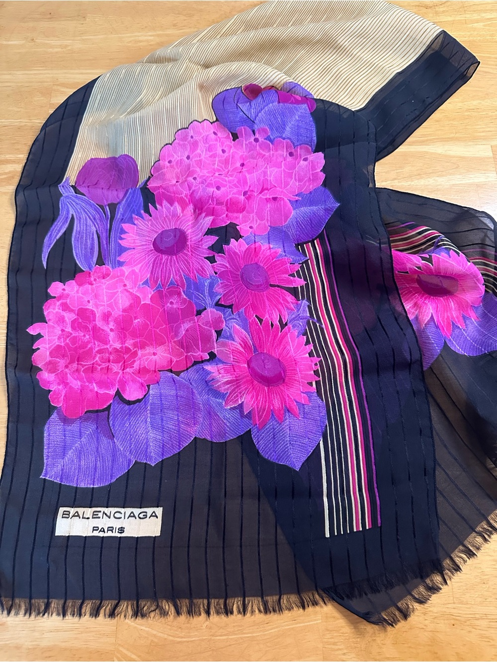 Vintage Balenciaga Paris 100% Pure Silk Floral Fringe Scarf 14x59"